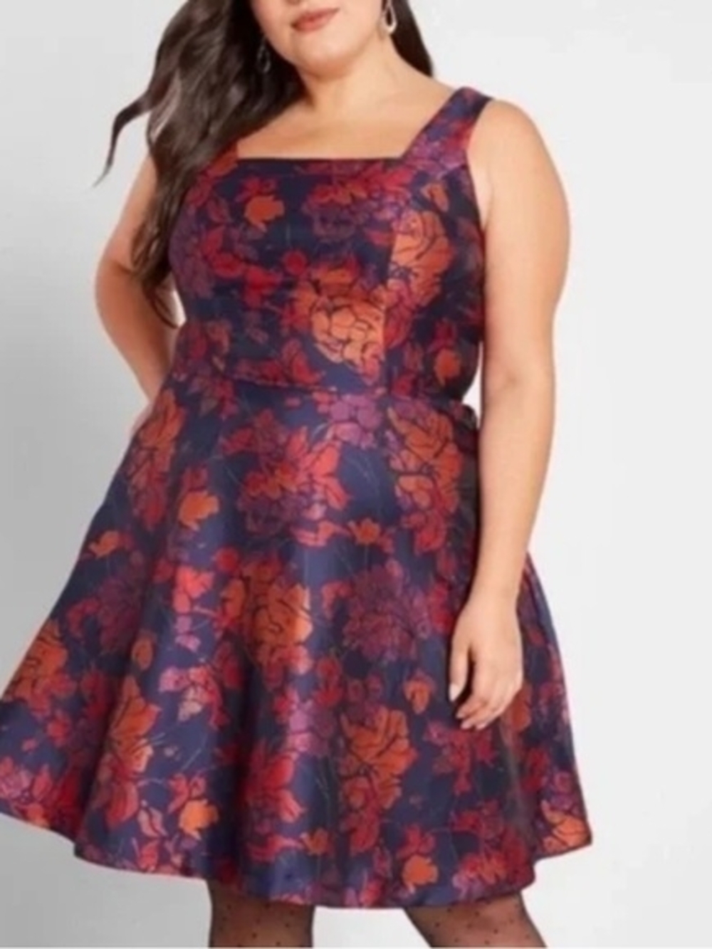 Modcloth Navy Floral Square-Neck Fit & Flare Mini Dress with Red-Orange Accents